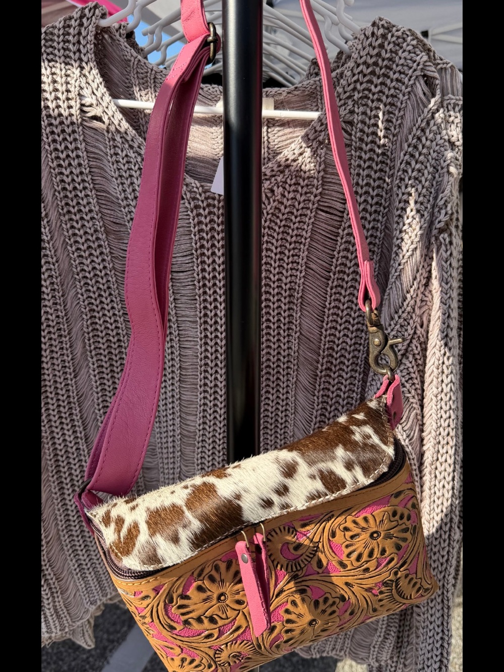 Pink Accent Tooled Leather Crossbody Bag with Haircalf Flap